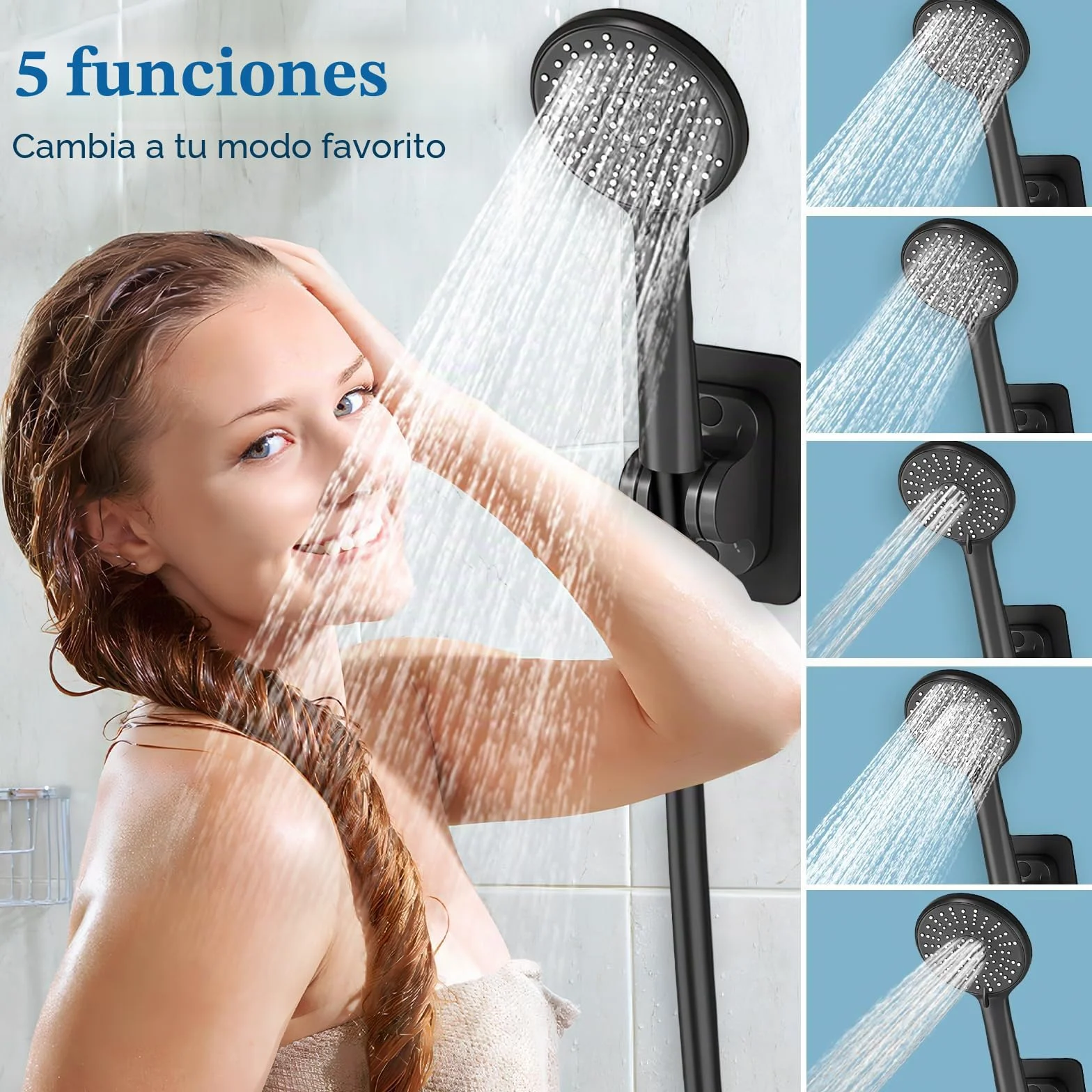 Grifo para Bañera y Ducha con Alcachofa de Mano, Grifo Bañera en Cascada de Latón Monomando Mezclador Ducha Montado en La Pared con Manguera de Acero Inoxidable 1.5m y Soporte (Negro)