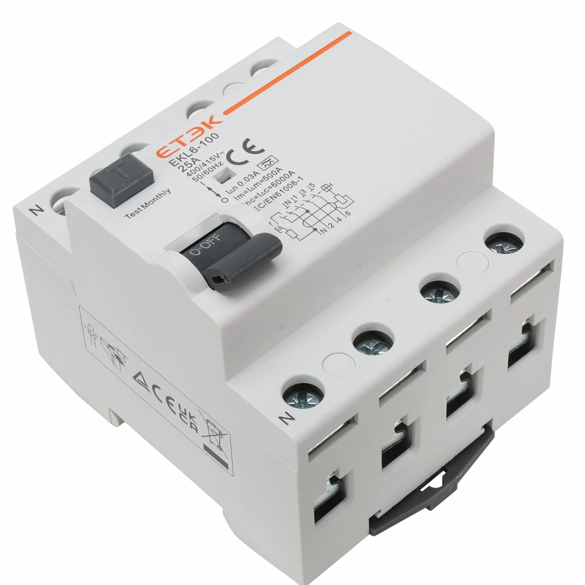 Interruptor Diferencial Superinmunizado 4P 25A 30mA Tipo A - Protección Contra Fugas Eléctricas - RCCB (3P+N) - Montaje en Carril DIN - Cuadro Trifásico o General