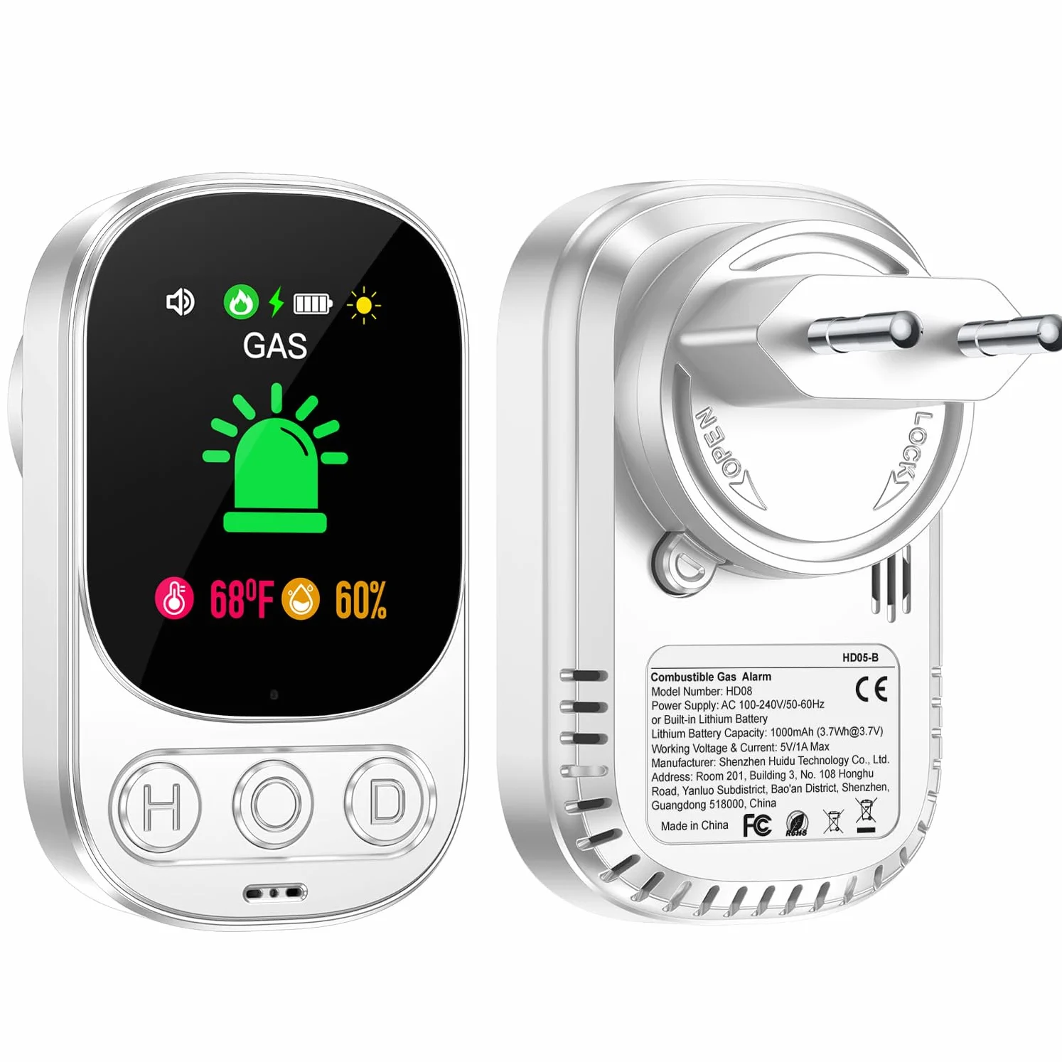 Detector de Gas Combustible con Enchufe para Hogar, Alarma de Gas para Casa, Detector de Fuga de Gas para Gas Natural GLP Metano Propano Butano, con Batería Recargable, Blanco, HD05-B