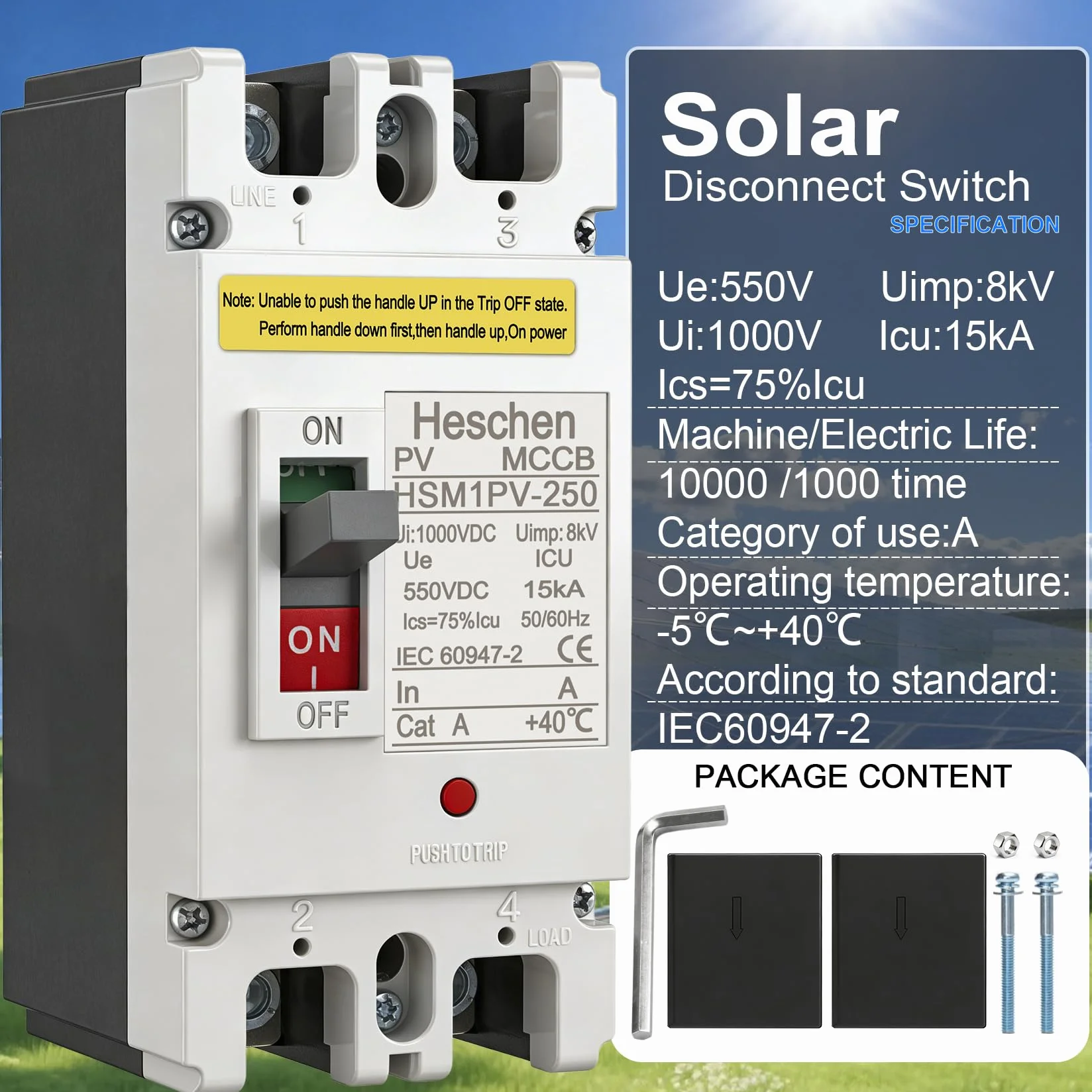 Heschen Disyuntor de caja moldeada CC MCCB, 2P, DC550V, Disyuntor Fotovoltaico, para sistema solar fotovoltaico, Sistema de rejilla de paneles solares (250A, HSM1PV-250)