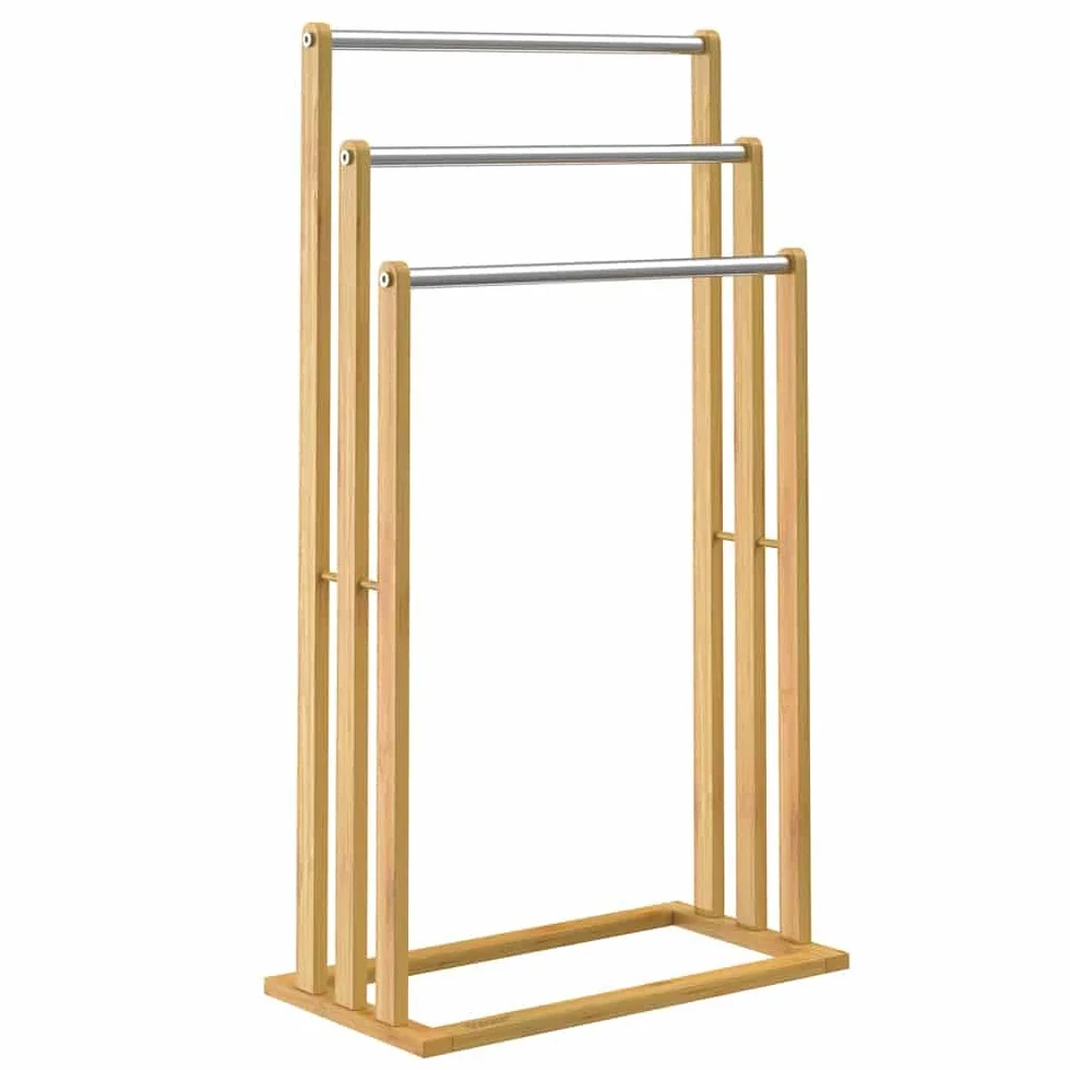CASARIA Toallero de Pie Madera de Bambú 3 Barras Acero Inoxidable 84x46x24cm