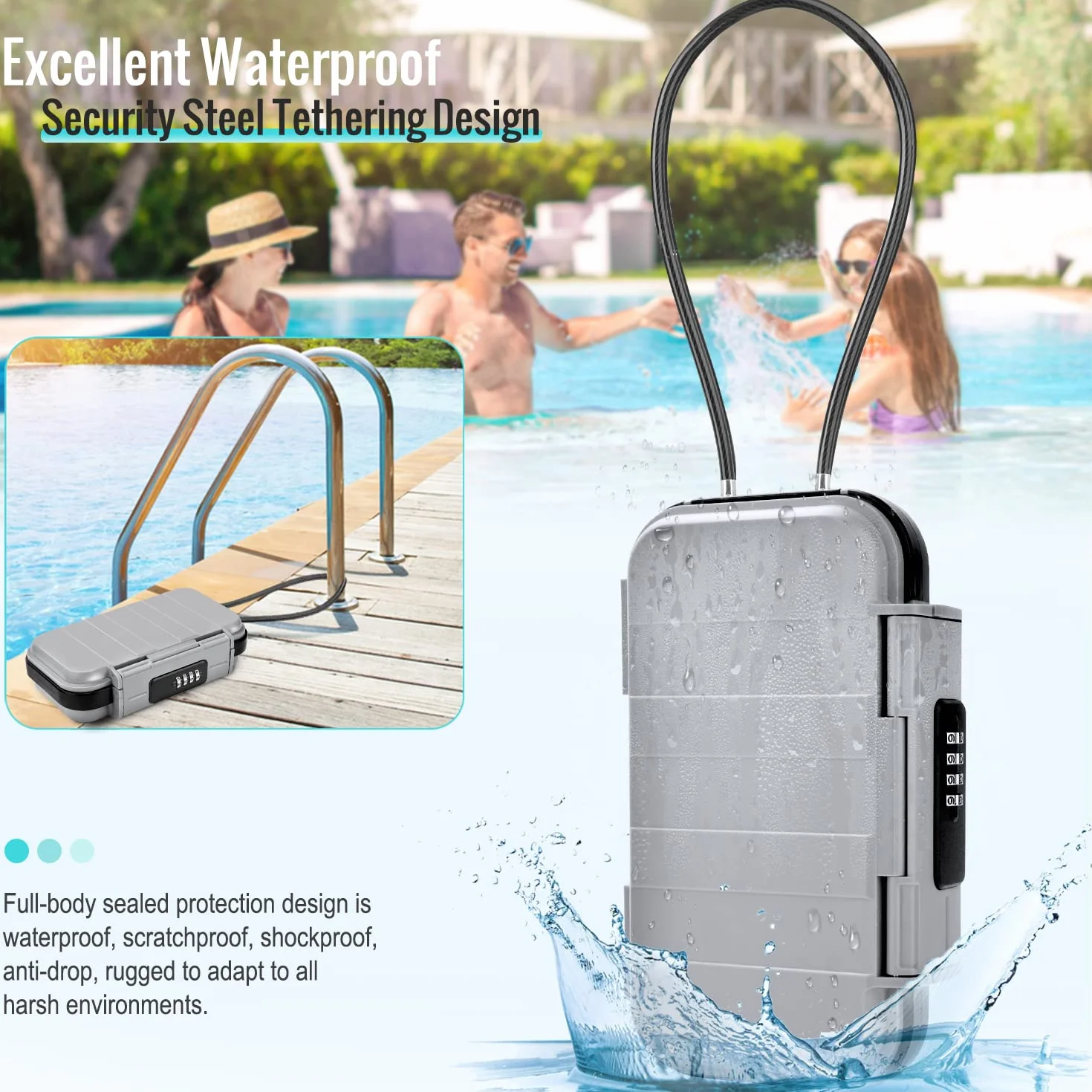 Caja Fuerte Portátil, Caja Seguridad Combinacion Caja Fuerte de Viaje con Cuerda de Alambre Extraíble Impermeable Mini Caja Fuerte para el Hogar, Oficina, Hotel, Viajes, etc. (Gris)