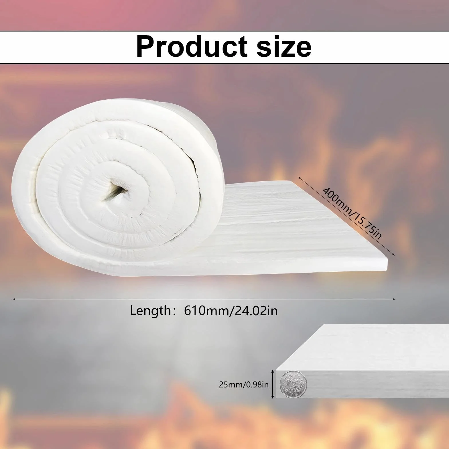 Manta de Fibra de Cerámica 610 x 400 x 25 mm, Aislamiento Ignífugo 1260°C para Hornos