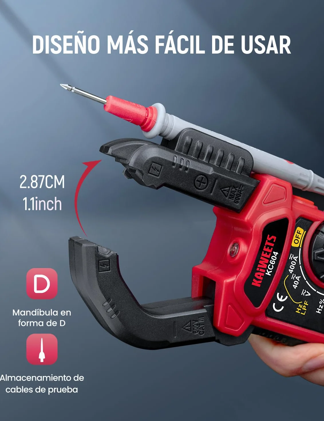 KAIWEETS Pinza Amperimétrica CA/CC, Pinza Multímetro para Medir Voltaje &Corriente CA/CC, Temperatura, Continuidad, NCV, Diode, con Linterna, Luz de Fondo, Mandíbula en Forma de D, KC604