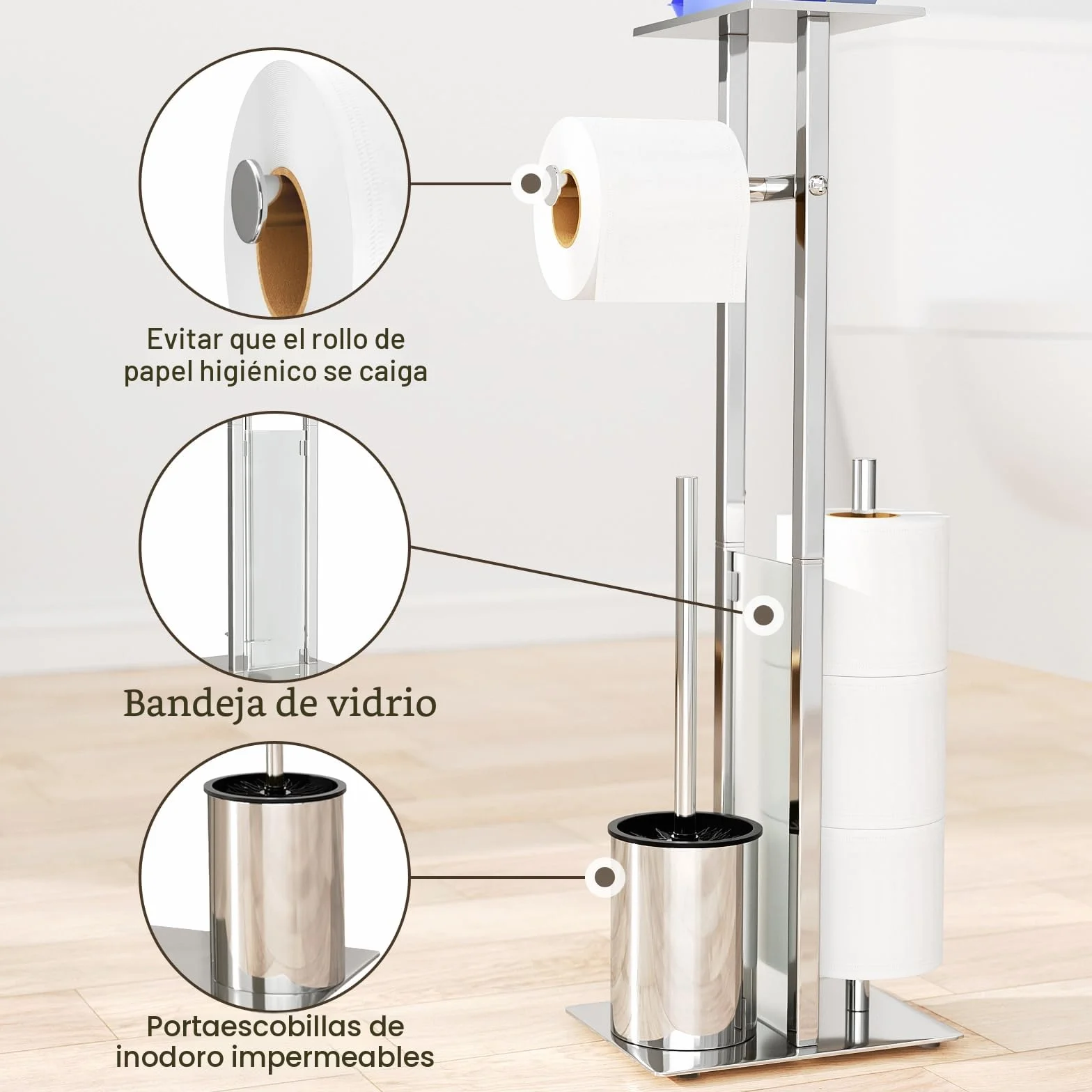 Soporte de Papel Higiénico de Acero Inoxidable de Pie con Escobilla y Bandeja