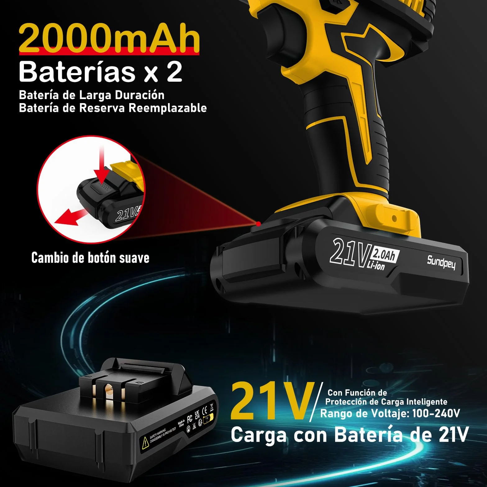 Sundpey Taladro Atornillador Bateria 21V - 45N.m Max Taladro Atornillador Electrico Inalámbrico con 2 Baterías de 2.0Ah, 18+1 Ajuste de Par, 2 Velocidad, Portabrocas de 10mm, LED para Hogar, Bricolaje