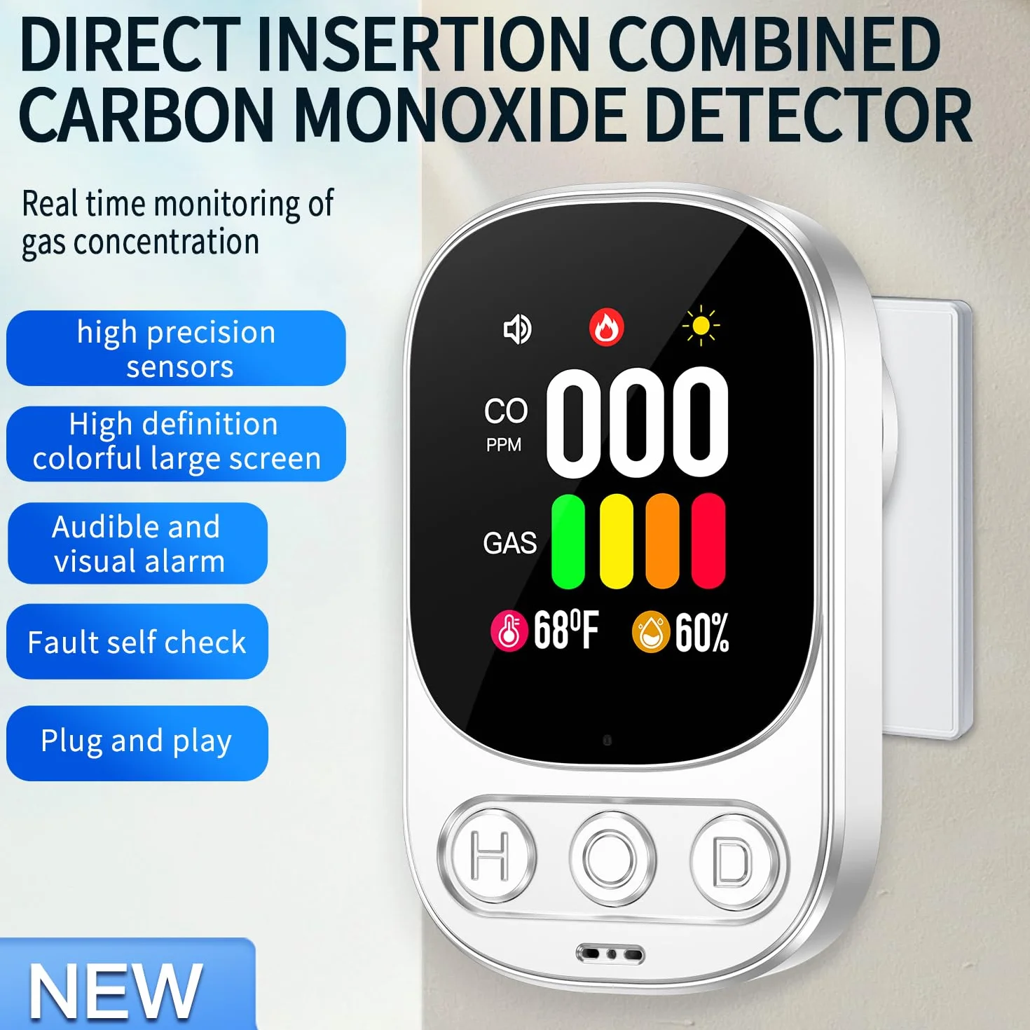 Detector de Gas y Monóxido de Carbono con Enchufe para Hogar, Detector de CO para Casa, Alarma de Gas Combustible para Gas Natural LPG Metano Propano Butano, Blanco, HD08-G