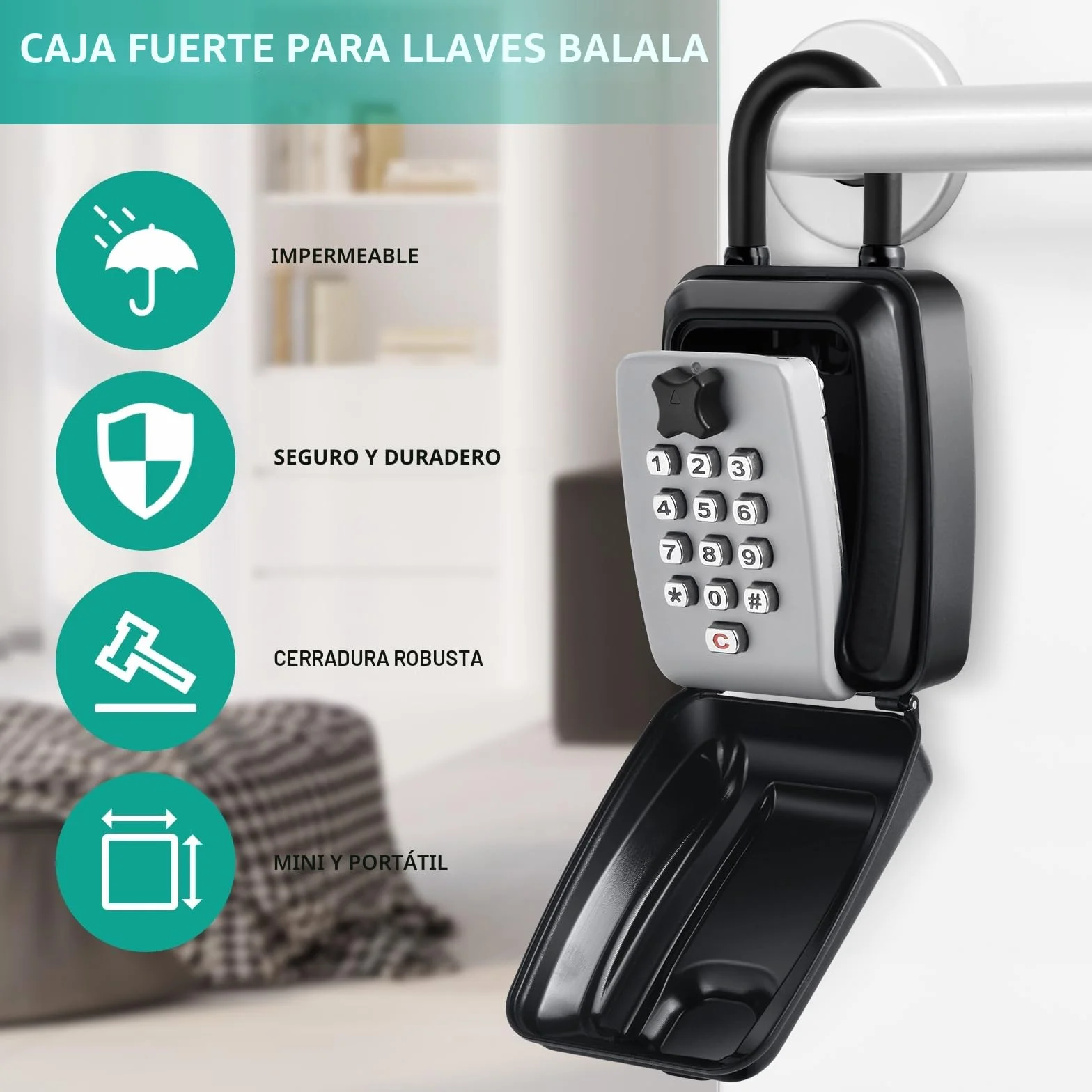 Grande Caja para Custodia de Llaves Pared Impermeable, Caja de Seguridad para Llaves Combinación 12 Código, Candado con Grillete Extraíble