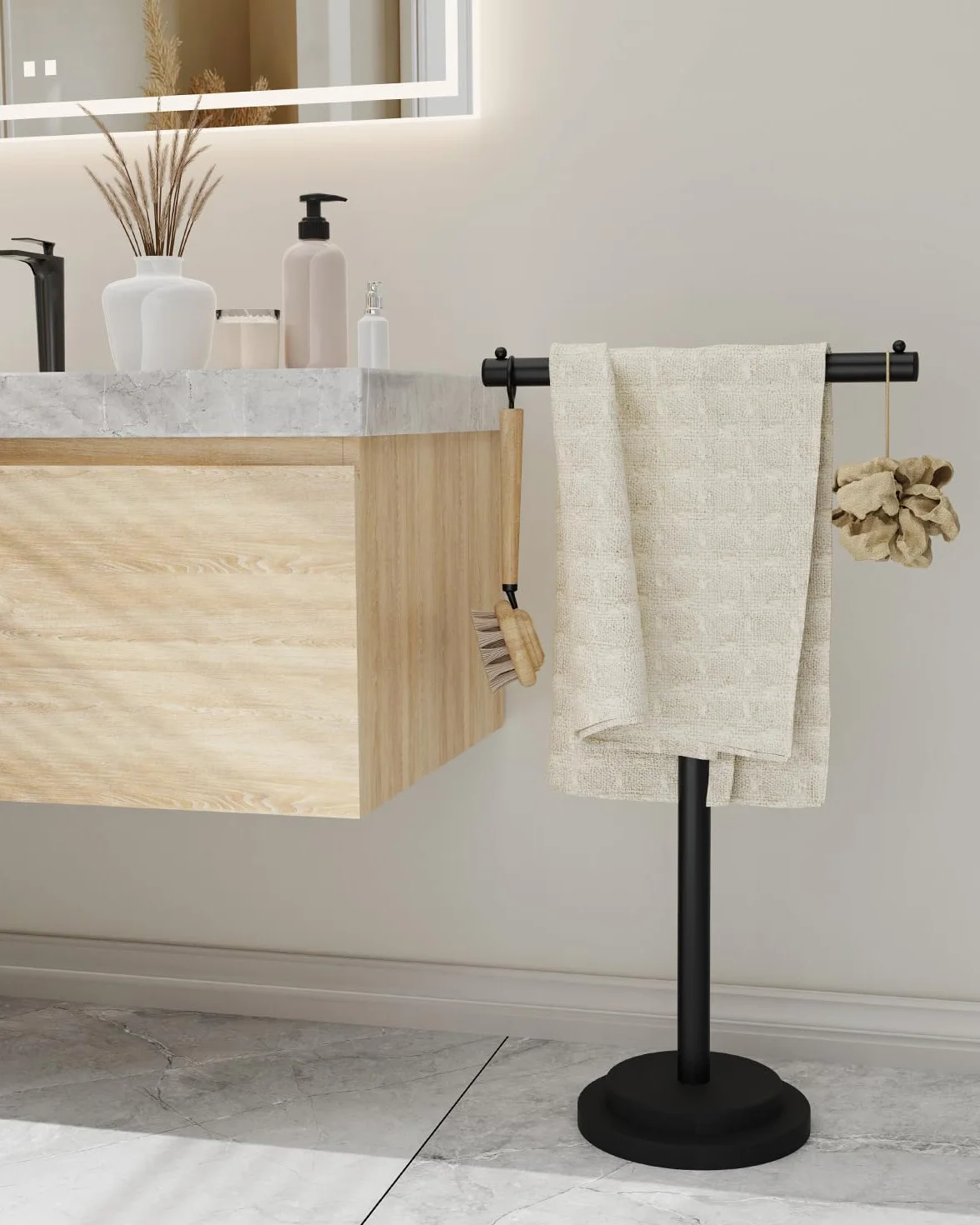 Toallero de Baño en Forma de T, Acero Inoxidable, Altura Ajustable, 46-80 x 41 x 24 cm, Negro