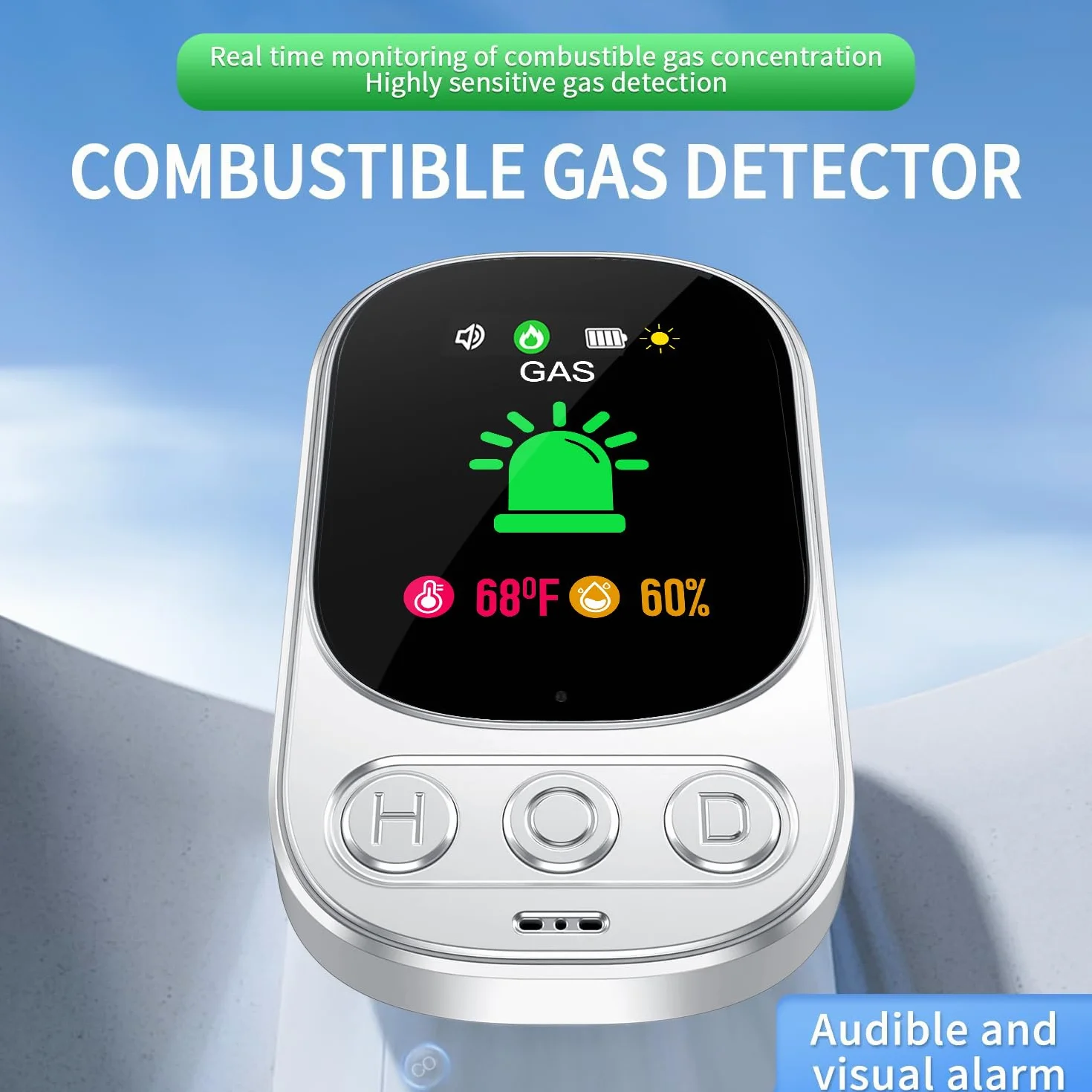 Detector de Gas Combustible con Enchufe para Hogar, Alarma de Gas para Casa, Detector de Fuga de Gas para Gas Natural GLP Metano Propano Butano, con Batería Recargable, Blanco, HD05-B