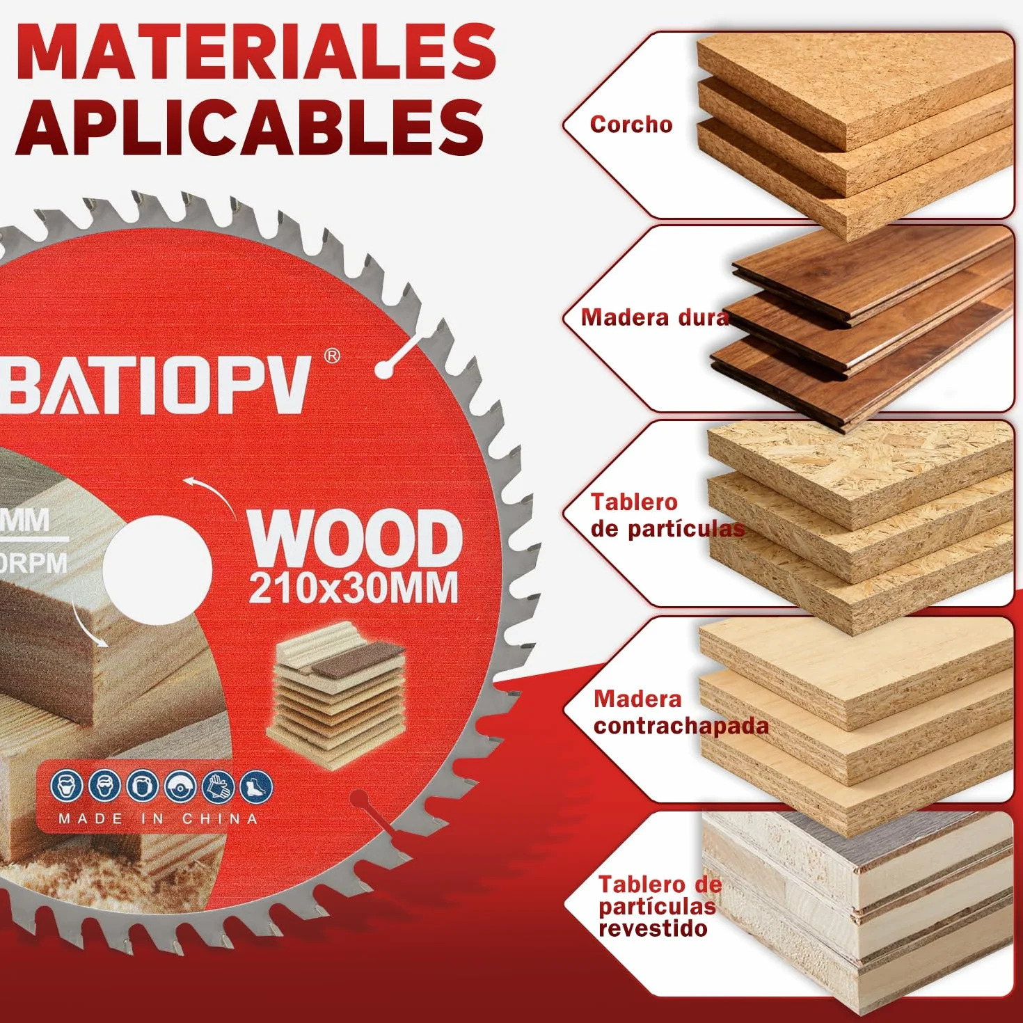 Hojas de Sierra Circular 210 x 30 mm TCT (48/60/100 dientes) para Cortar Madera, Contrachapado, Laminado, Plástico y Paneles de Yeso