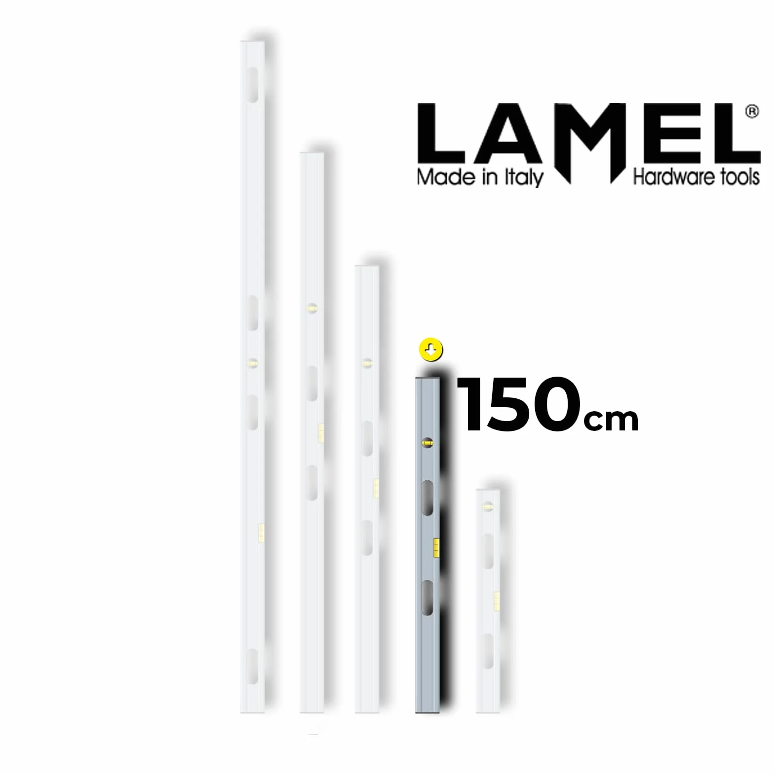 LAMEL Nivel con burbujas y asas, 150 cm, de aluminio anodizado, perfil reforzado.