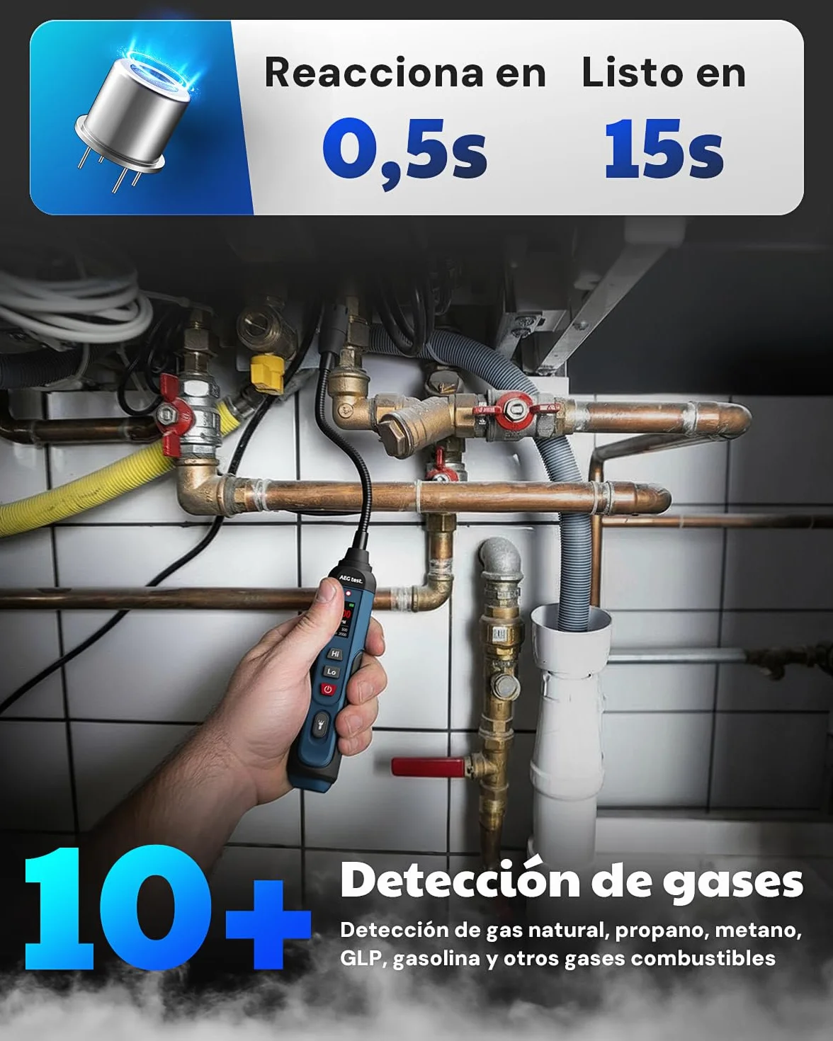 AGT-1988PRO Detector de Gas Natural Recargable, Detector de Gas con Cuello Flexible de 17,5 cm, Pantalla TFT y Rango de 0–9999 PPM para Fugas de propano y metano, para Uso en el hogar y RV