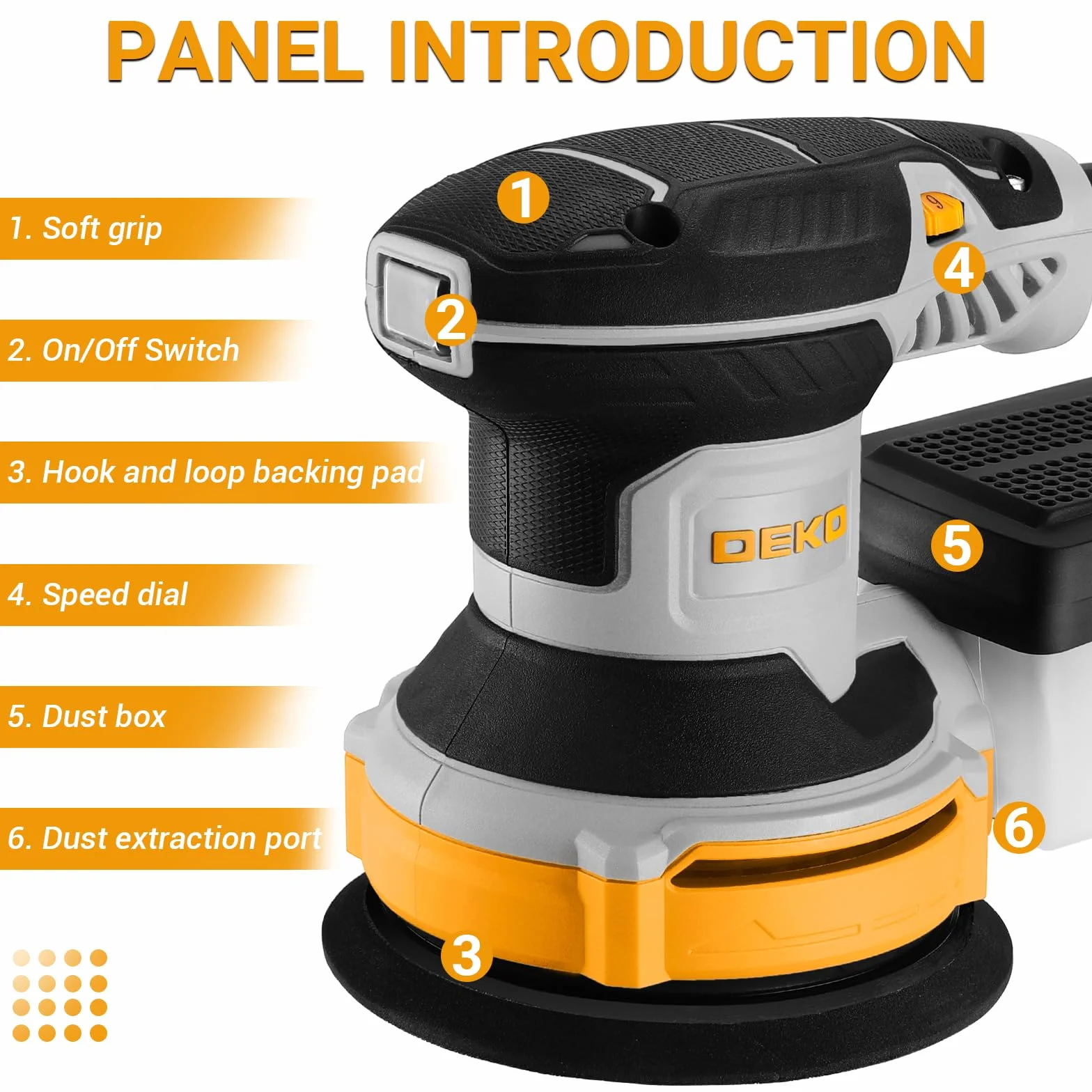 DEKOPRO Lijadora Orbital 300W 6 Velocidades 14000 RPM para Madera y Acero