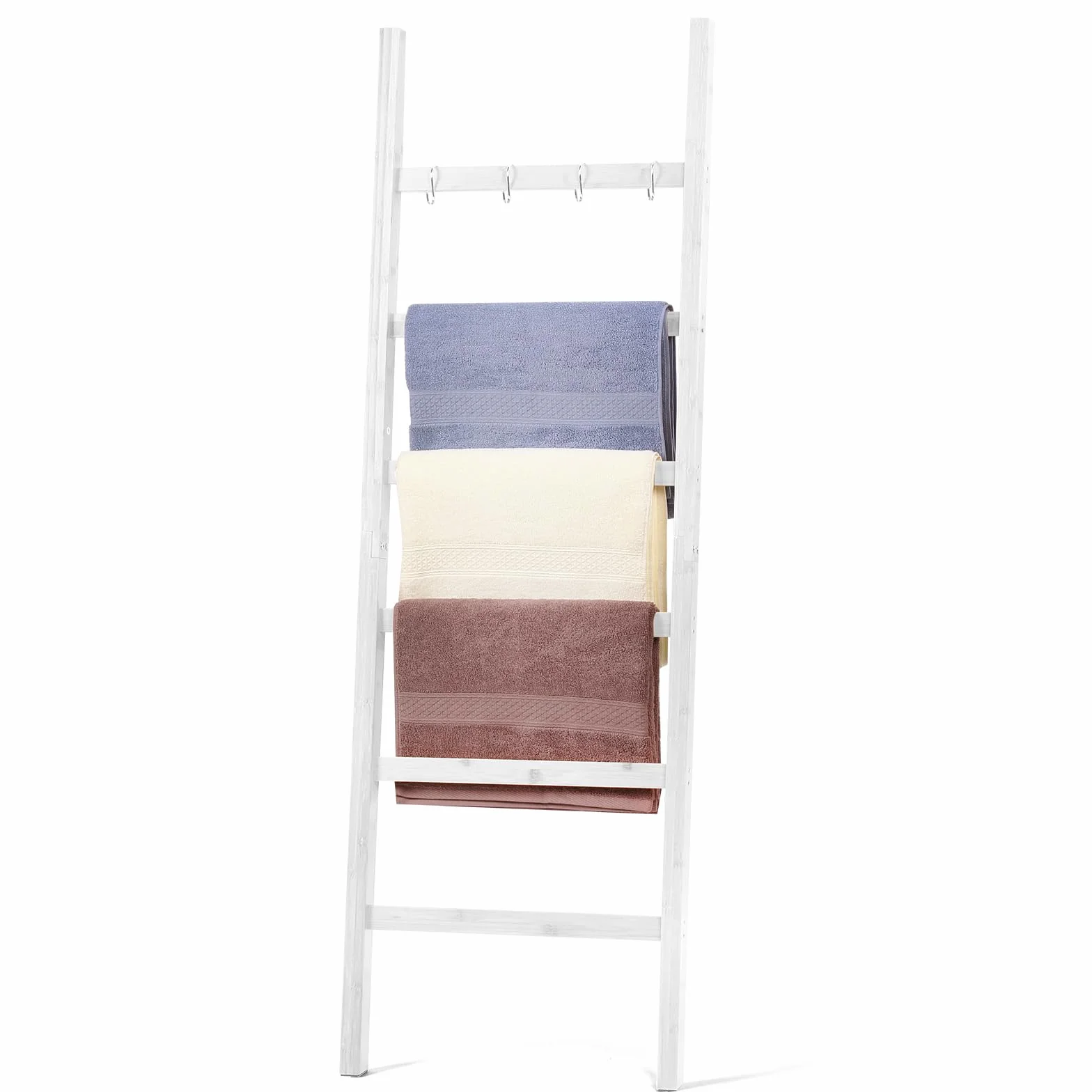 Toallero de escalera de bambú 170x43 cm Blanco 6 travesaños 4 ganchos