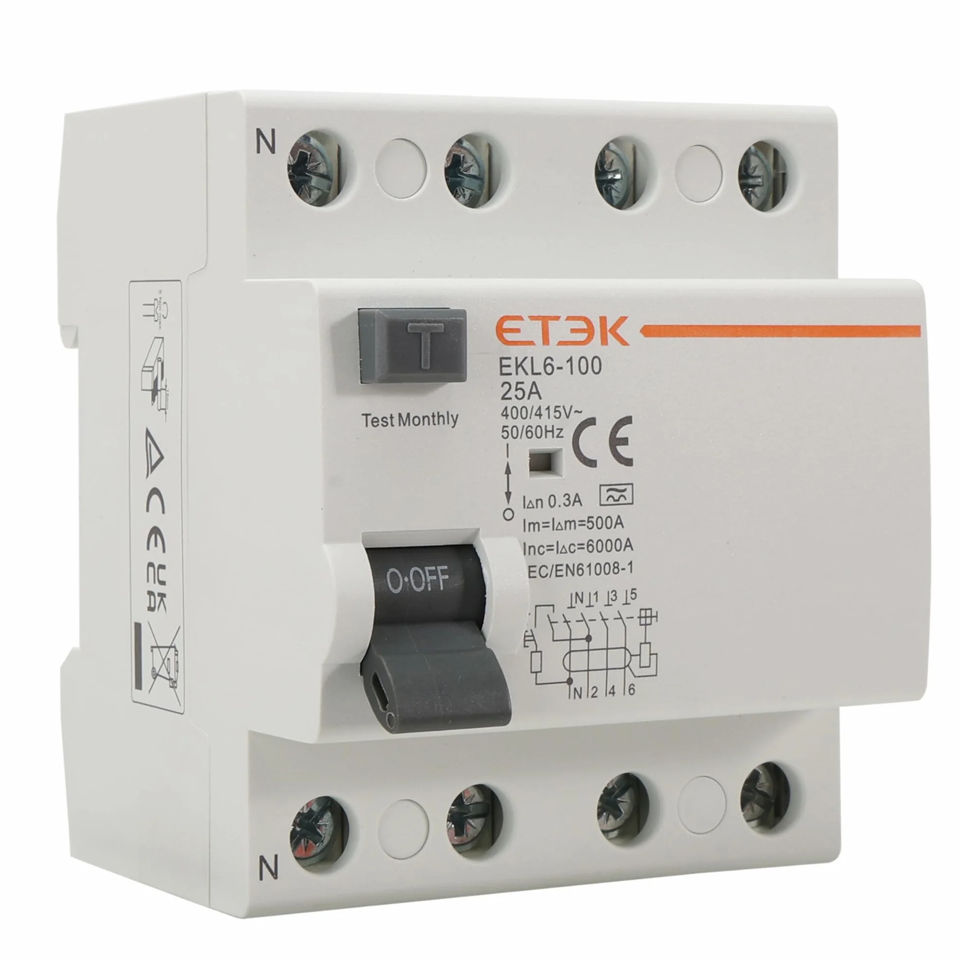 Interruptor Diferencial Superinmunizado 4P 25A 300mA Tipo A - Protección contra Fugas e Incendios - RCCB (3P+N) - Montaje Carril DIN - Cuadro Trifásico