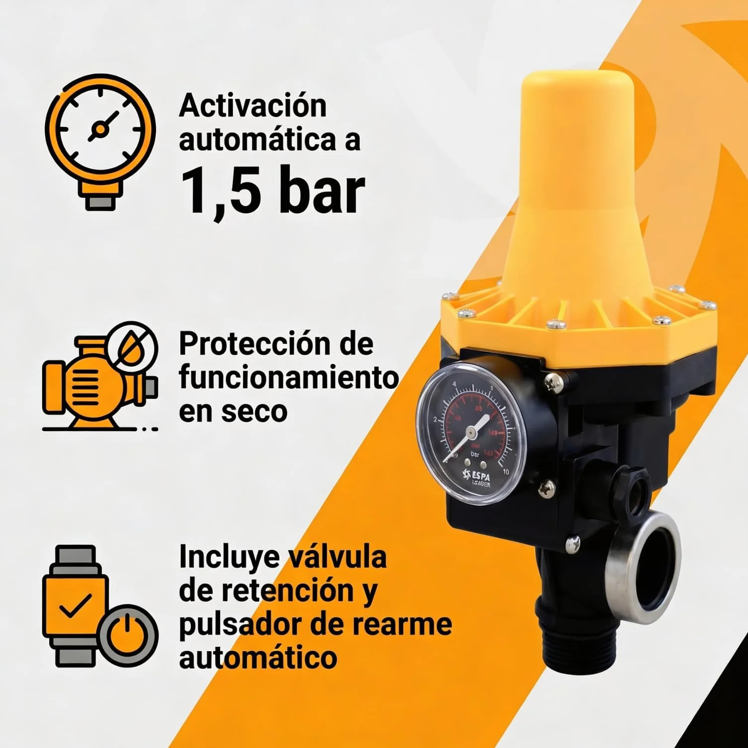 ESPA LEADER Presscontrol Kit L, Regulador de Presión Electrónico para Bombas de Agua de Uso Doméstico, Pulsador de Rearme Automático, Válvula de Retención, Protección de Funcionamiento en Seco
