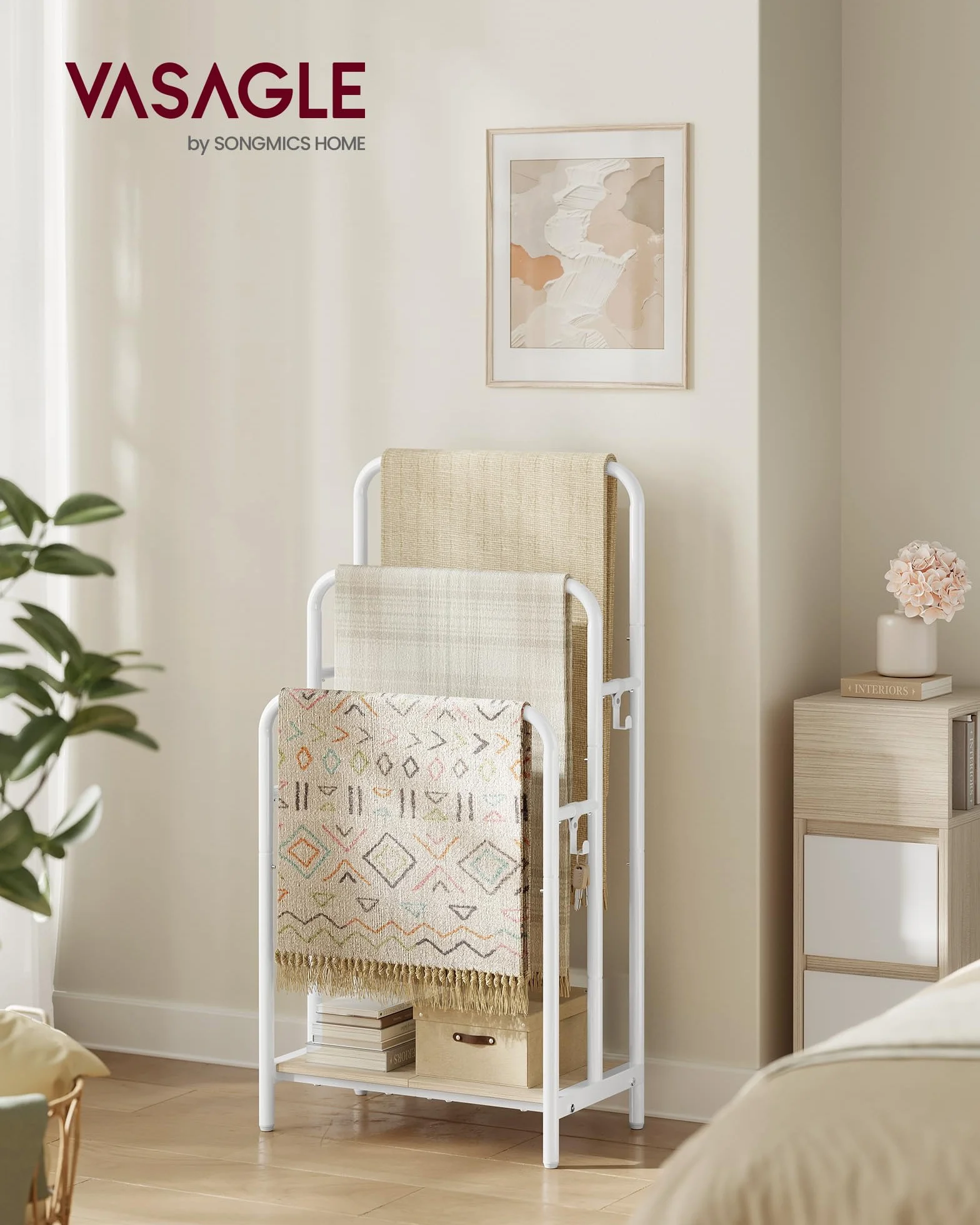 VASAGLE Toallero de Pie 3 Barras 50x30x100 cm Estante Almacenamiento Blanco Nube Beige Natural