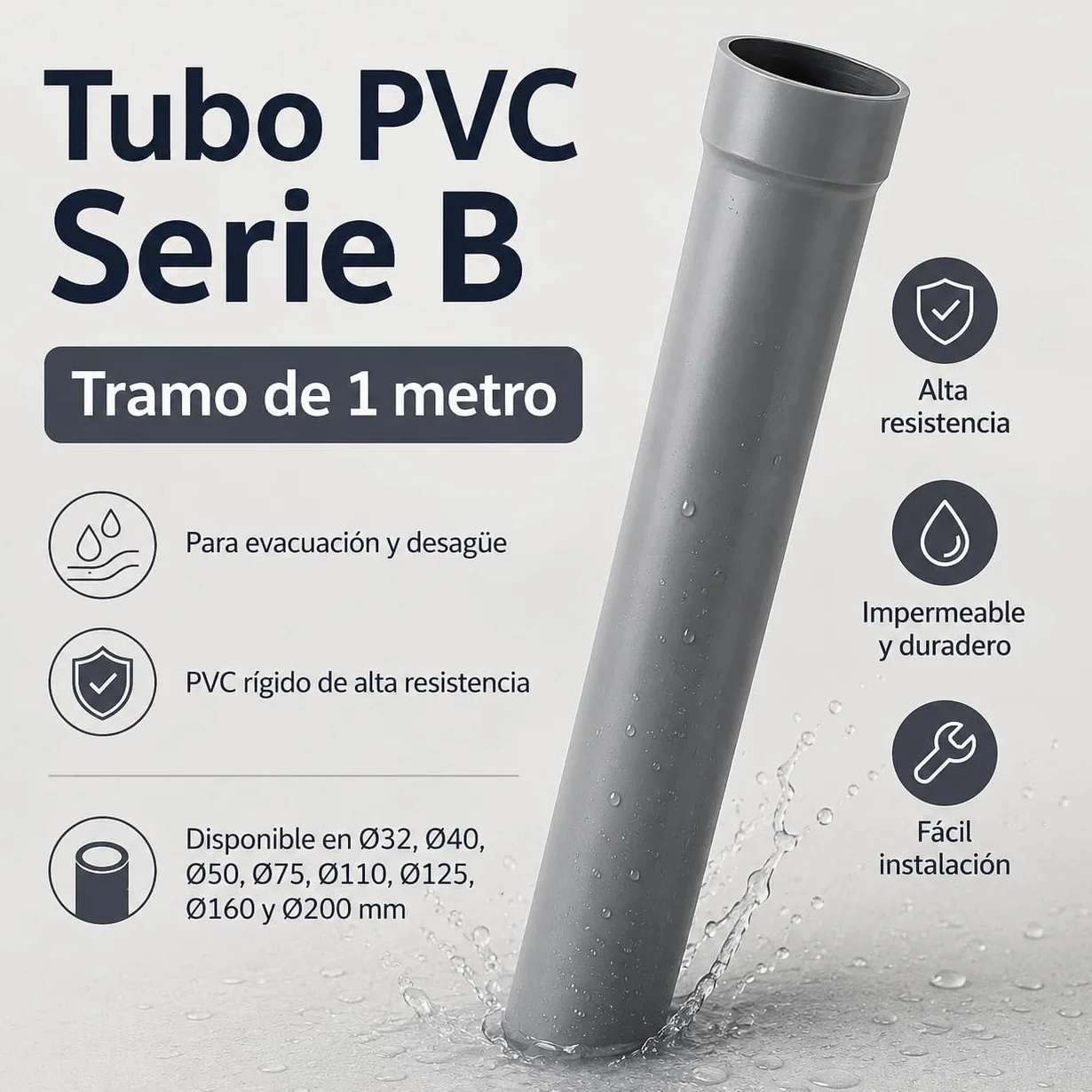 Tubo PVC Rígido 1 Metro – Desagüe, Fontanería y Evacuación de Aguas – Alta Resistencia, Impermeable y Fácil Instalación – Tramos Disponibles Ø75, Ø110, Ø125, Ø160 y Ø200 mm (Ø200 mm)