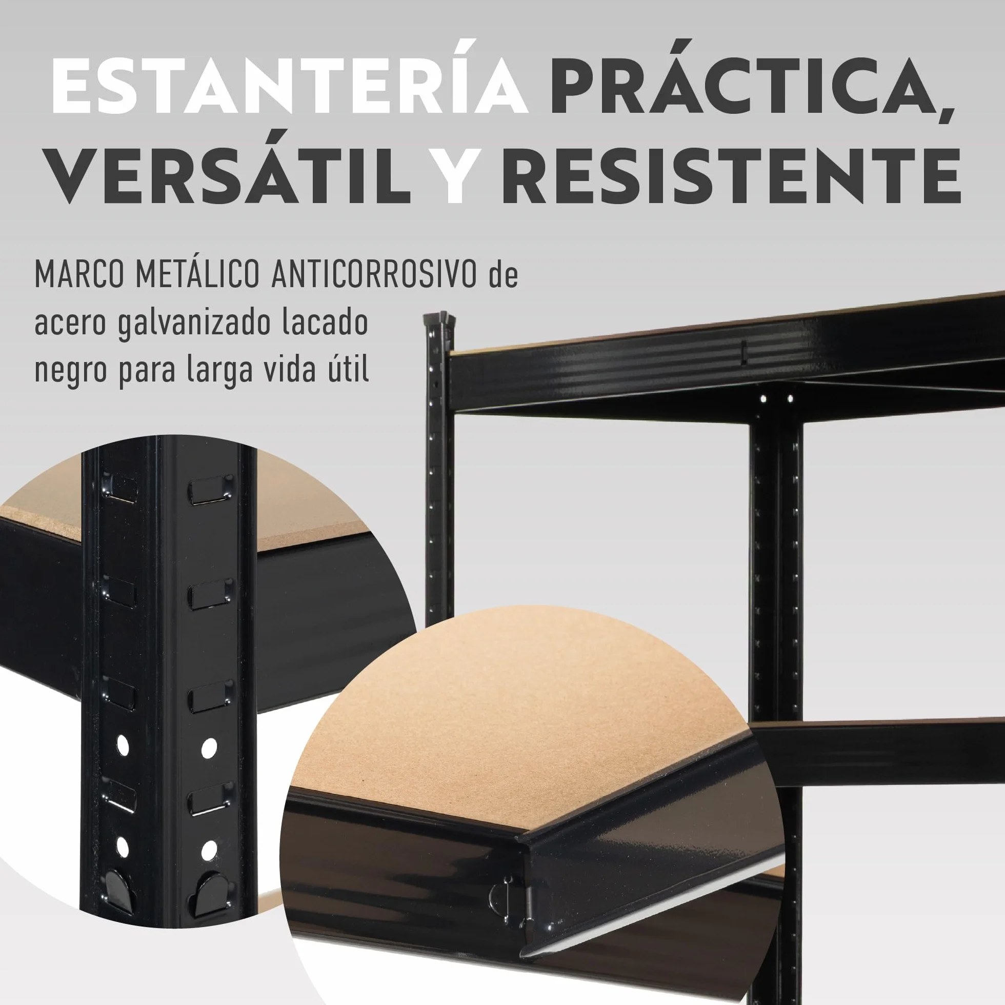 Estantería Metálica de Almacenaje Acero Galvanizado + 5 baldas MDF Ajustables - 180x90x40 cm - Capacidad 875 kg - Sin Tornillos - Garaje, Almacén, Trastero (Negro)