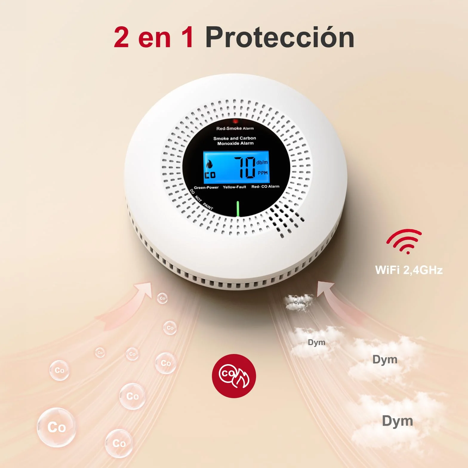 PHYSEN WiFi Detector de Humo y Monóxido de Carbono con 10 Años de Vida Útil y Batería Reemplazable, Detector Combinado Compatible con la App Tuya, Certificación Estándar EN14604 & EN50291, 1St