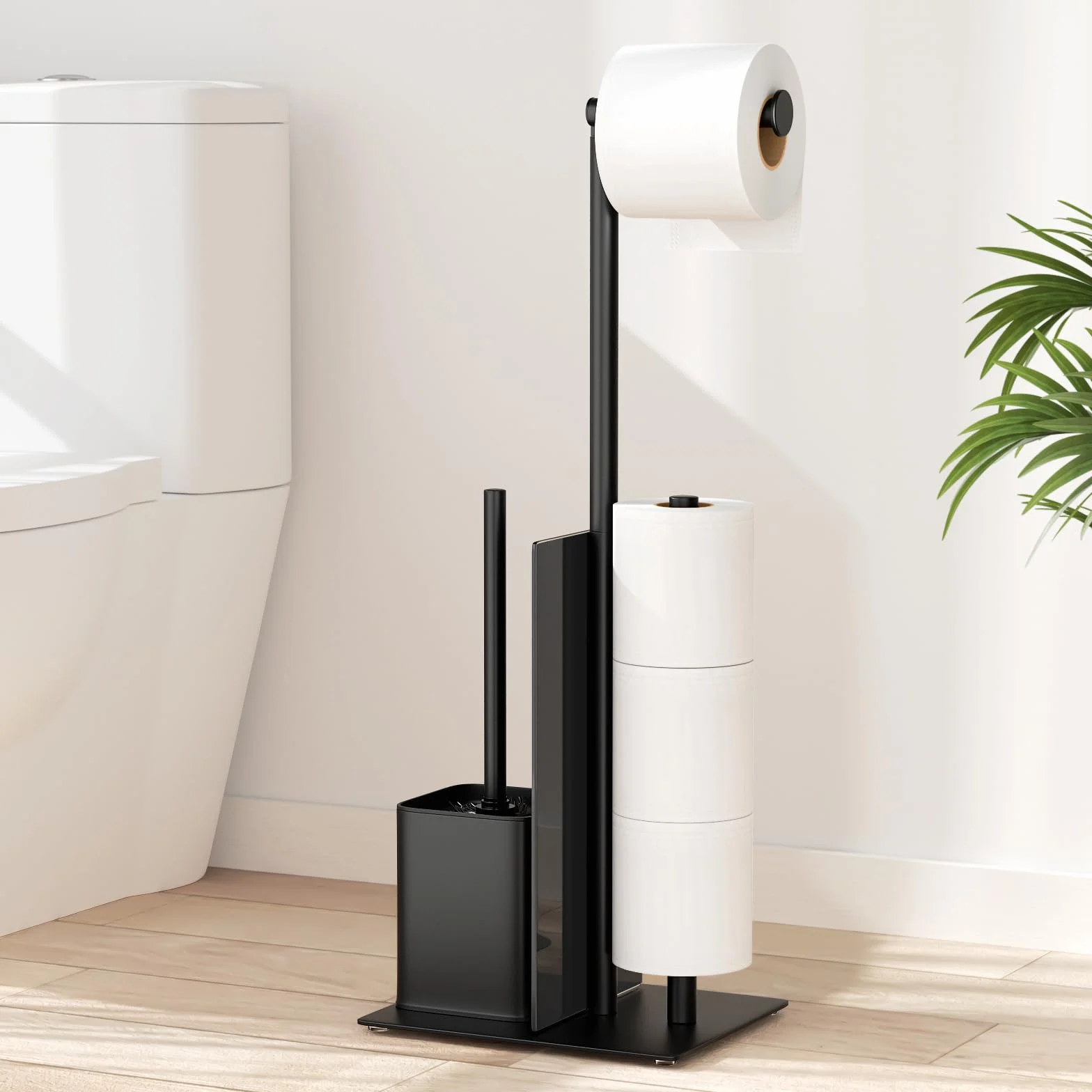 Portarrollos de Papel Higiénico de Pie con Escobillero, Soporte para Papel Higiénico con Escobilla de Acero inoxidable, sin Necesidad de Taladrar, Soporte para Papel Higiénico y Escobilla (Negro Mate)