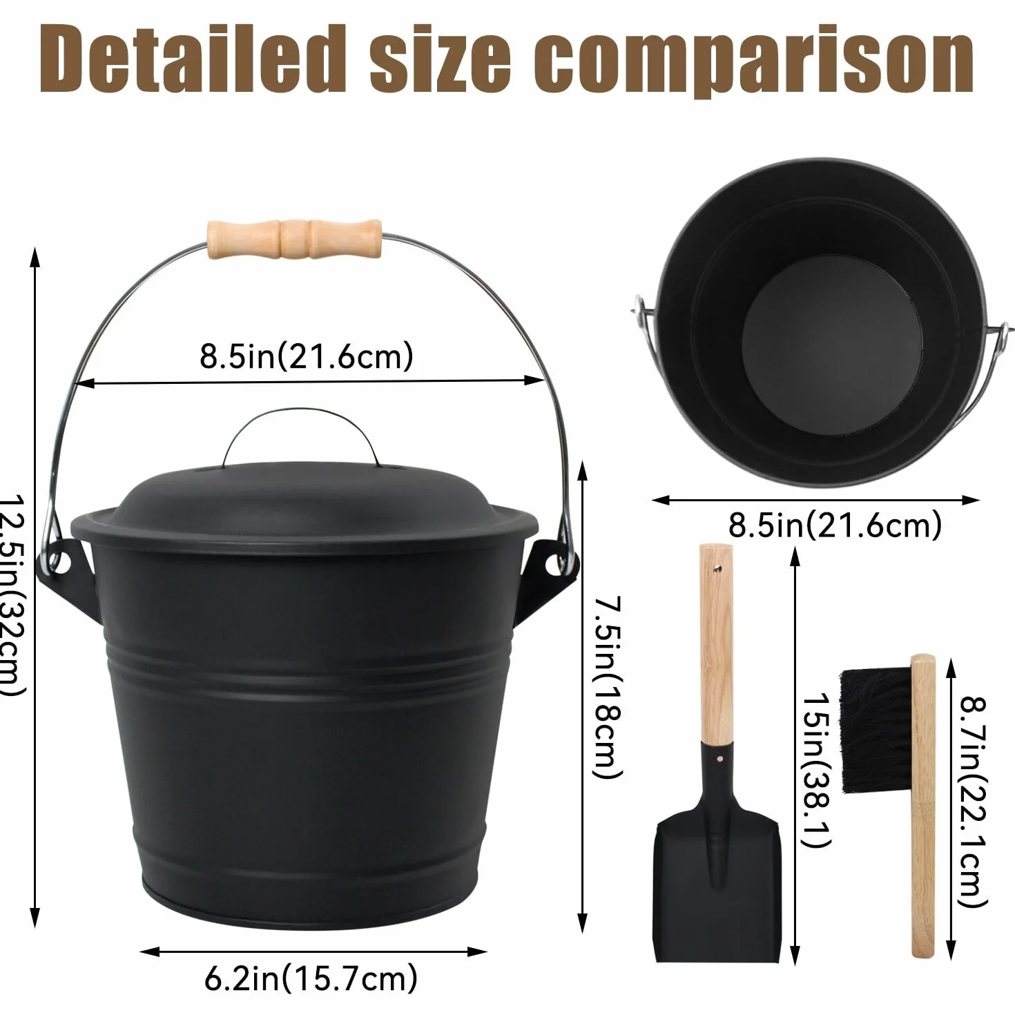 BRIAN & DANY Cubo Cenizas con Tapa, 5L Cubo para Cenizas de Chimenea con Pala y Escoba