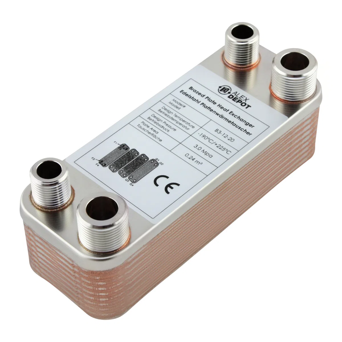 Intercambiador de placas de acero inoxidable B3-12-20 con 2 conectores de 1/2 y 2 x 3/4 pulgadas. Calefacción solar de 45 kW (PWT)