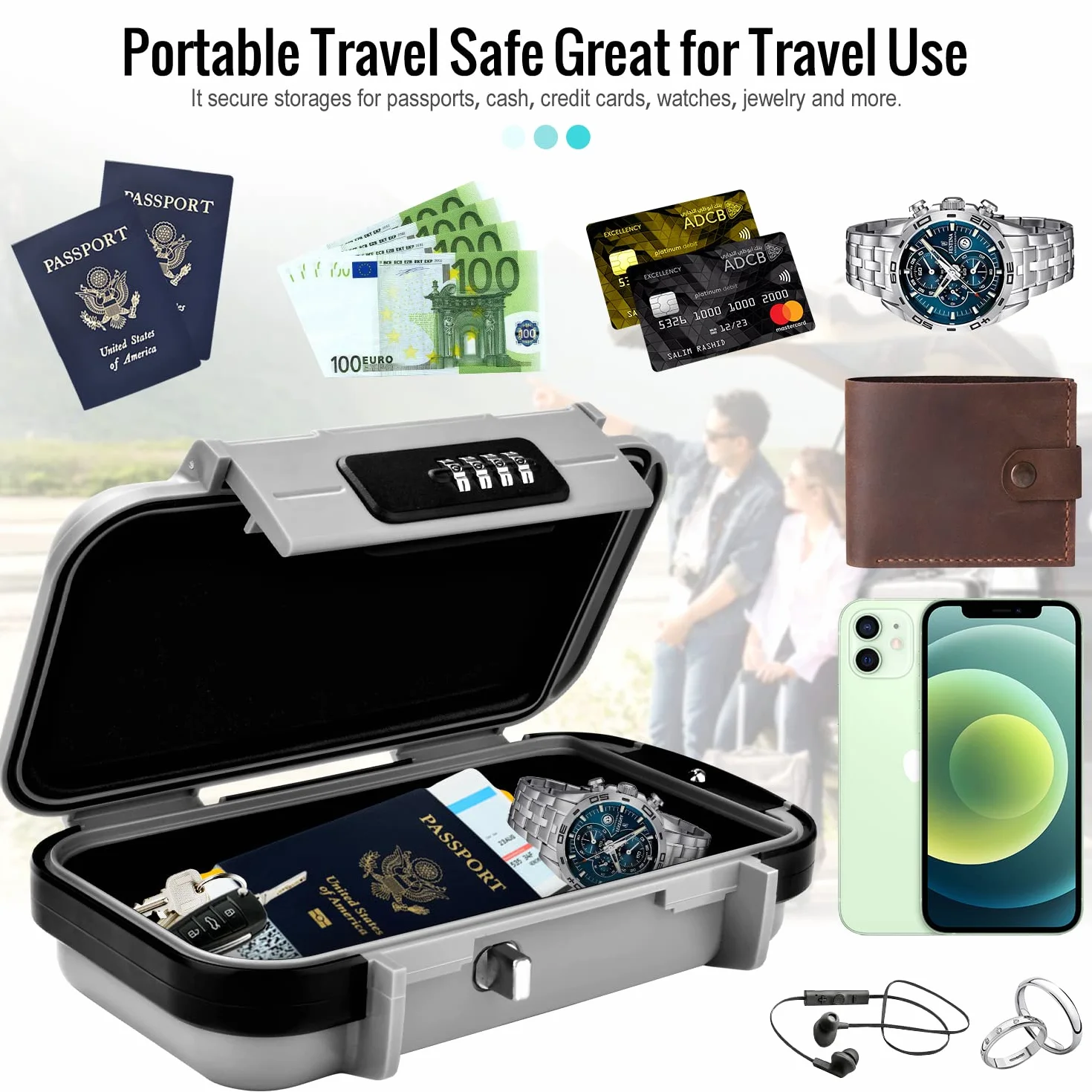 Caja Fuerte Portátil, Caja Seguridad Combinacion Caja Fuerte de Viaje con Cuerda de Alambre Extraíble Impermeable Mini Caja Fuerte para el Hogar, Oficina, Hotel, Viajes, etc. (Gris)