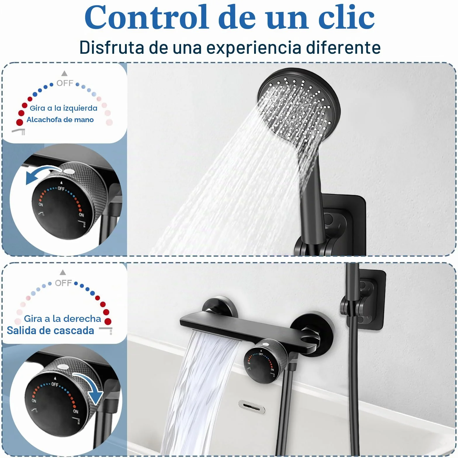 Grifo para Bañera y Ducha con Alcachofa de Mano, Grifo Bañera en Cascada de Latón Monomando Mezclador Ducha Montado en La Pared con Manguera de Acero Inoxidable 1.5m y Soporte (Negro)