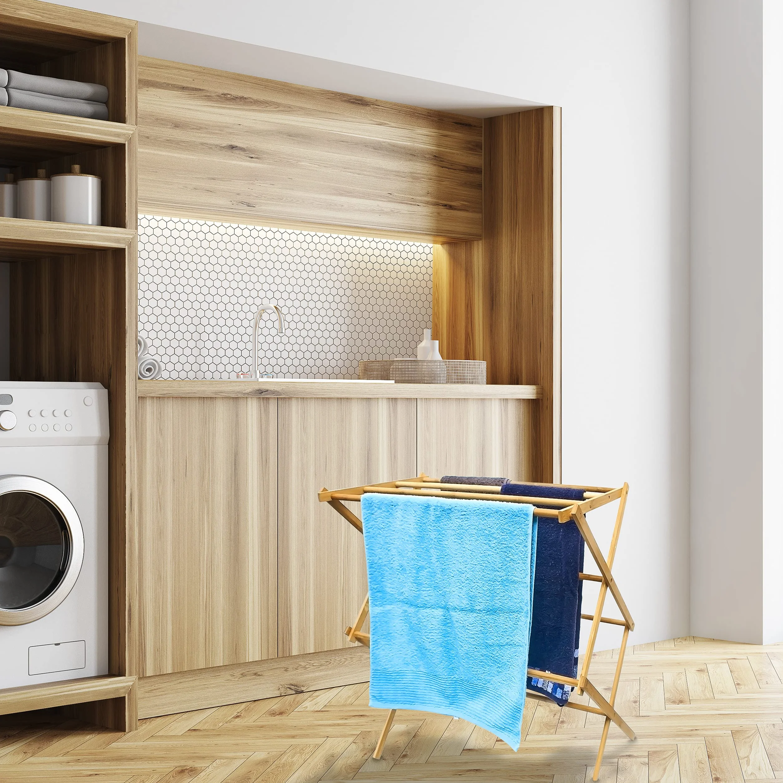 Relaxdays Toallero de Pie Bambú Plegable 73x74x36 cm 8 Barras Madera Baño Marrón Natural