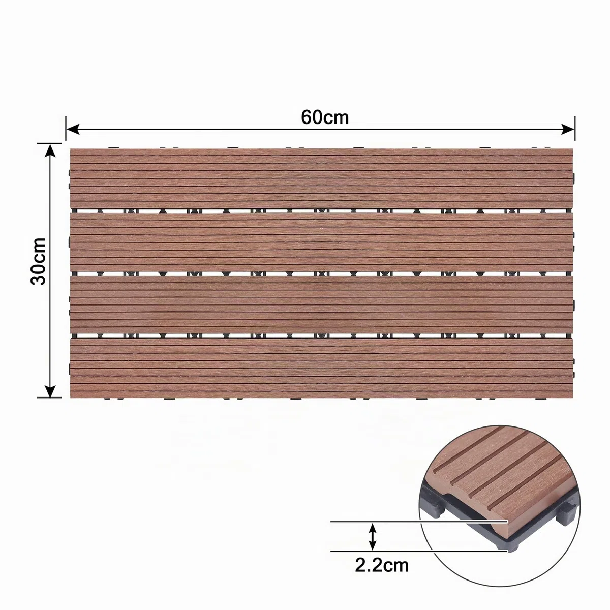 UISEBRT 6 unidades de suelo de balcón de WPC, azulejos de terraza, aspecto de madera, sistema de clic, de plástico, para jardín, balcón, terraza (30 x 60 cm, marrón)