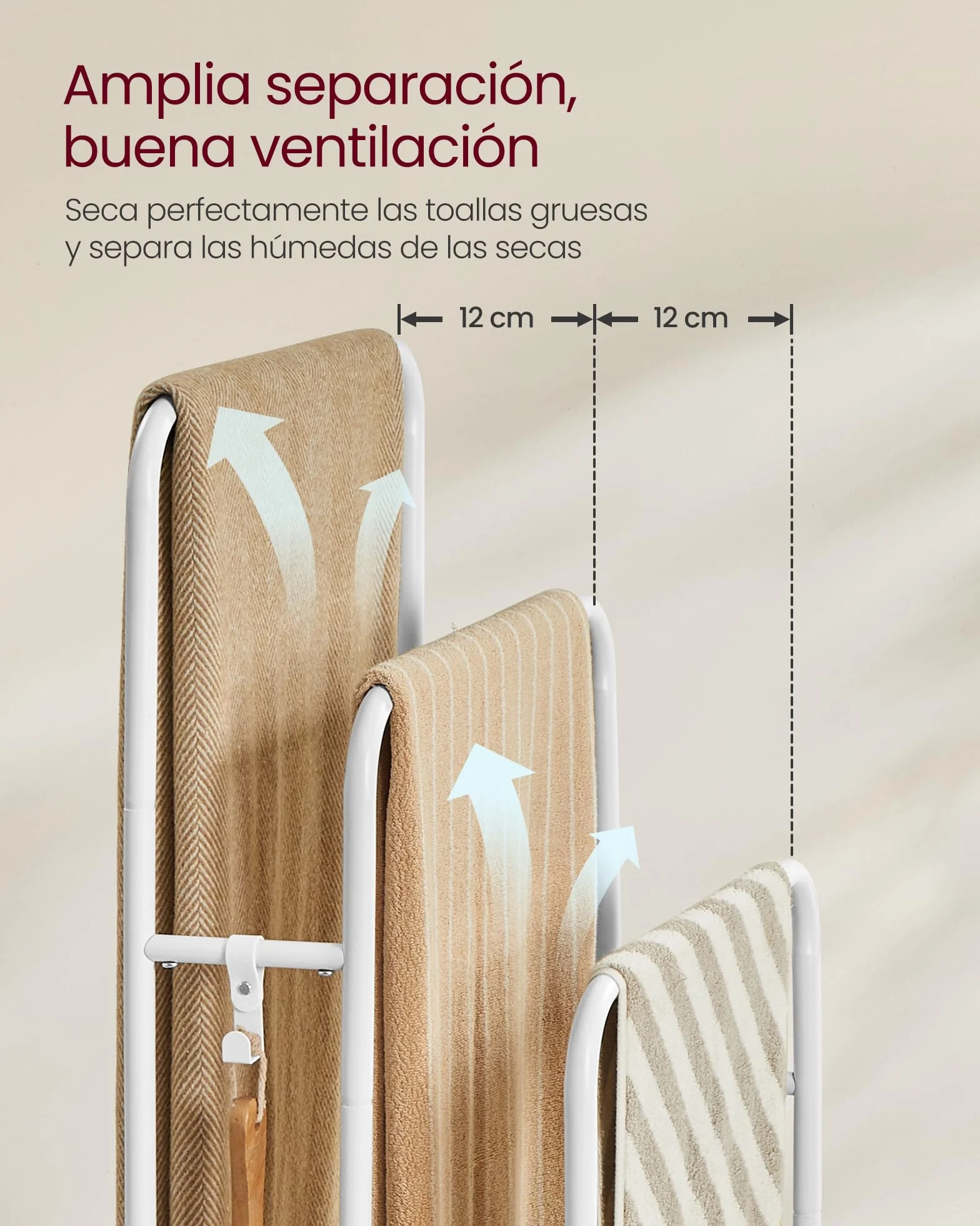 VASAGLE Toallero de Pie 3 Barras 50x30x100 cm Estante Almacenamiento Blanco Nube Beige Natural