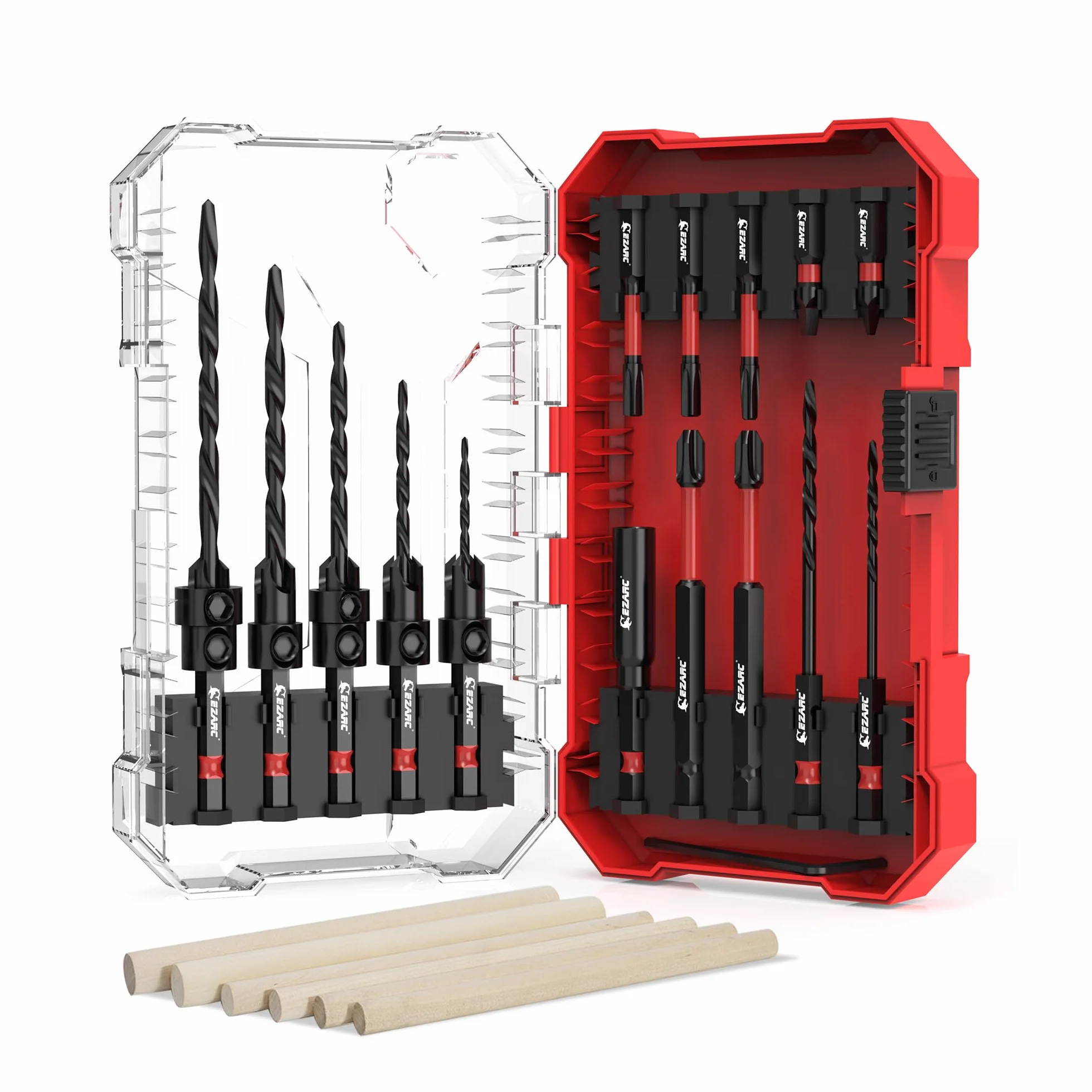 EZARC Set de brocas avellanadoras,24 piezas.Incluye brocas cónicas y 6 palitos de madera.Vástago hexagonal de 1/4",cambio rápido.Ideal para trabajos de carpintería.Caja de almacenamiento incluida.