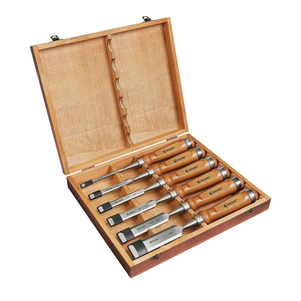 EZARC Juego de 6 Cinceles para Madera, Acero Cromo-Vanadio y Mango de Madera con Estuche de Madera