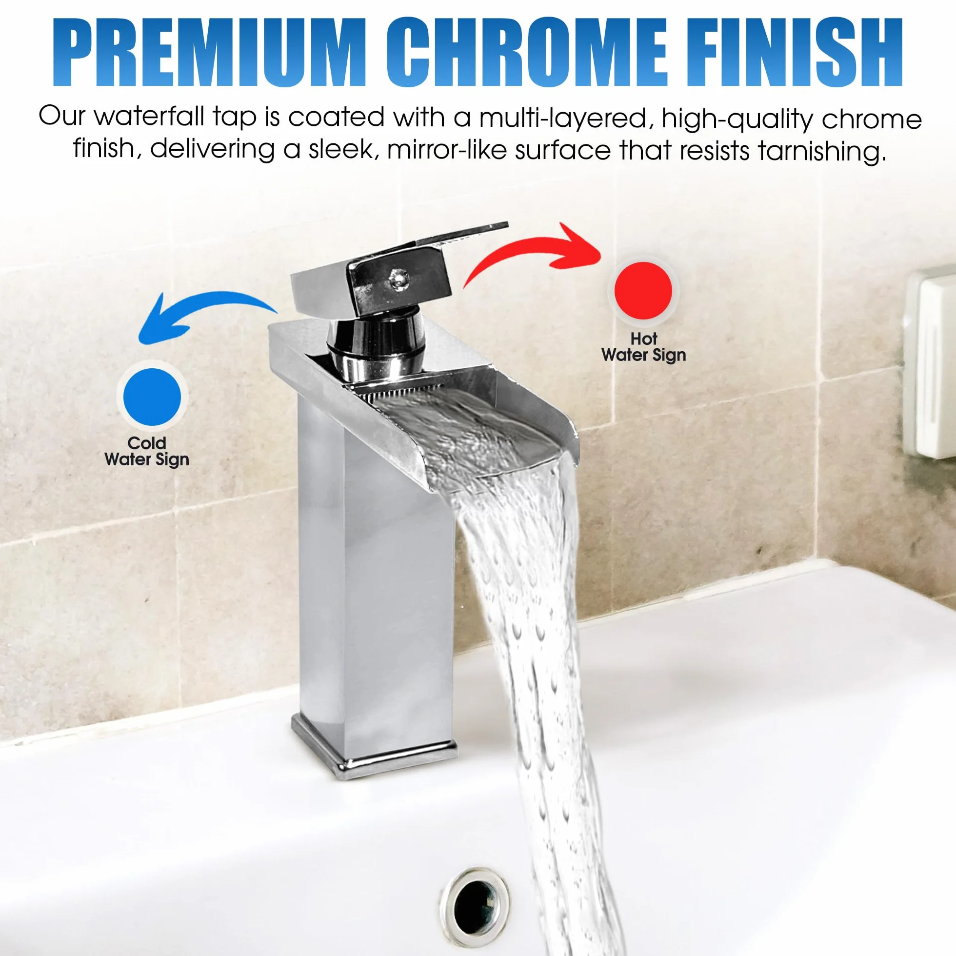 Grifo de cascada cromado para lavabo baño monomando cuadrado latón macizo plateado