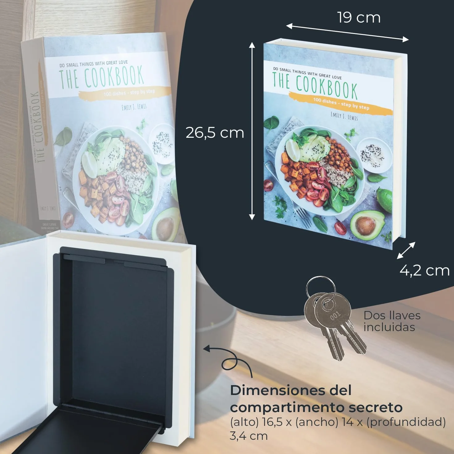 Caja de libro con camuflaje, caja de caudales "Cookbook" 26,5 x 19 x 4,2 cm